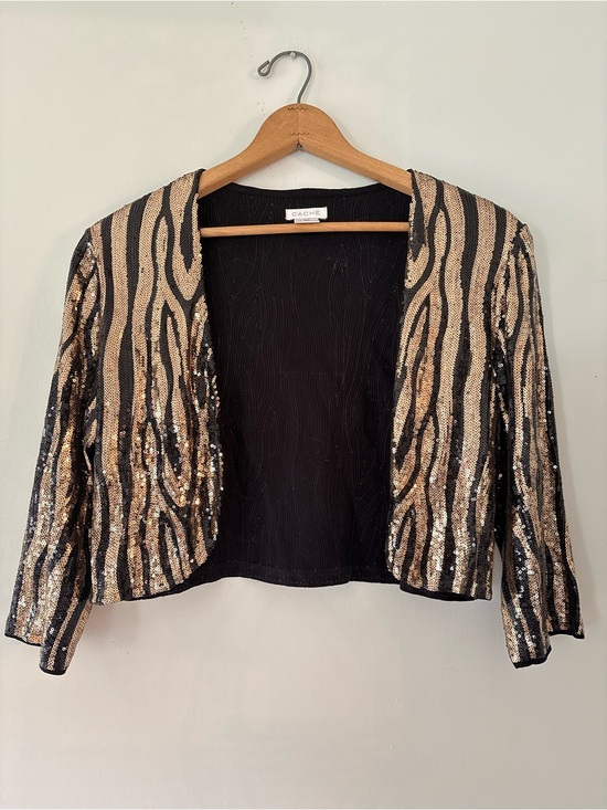 Cache Jackets & Blazers - Vintage Cache Gold & Black Sequin Zebra Cropped Jacket Size M/L Mobwife Top